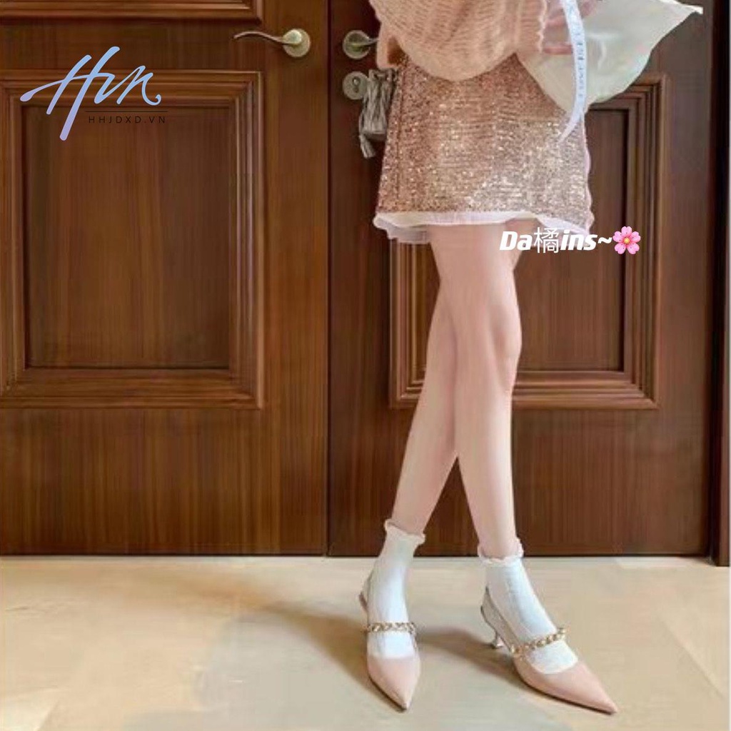 Sandal Cao Gót Mũi Nhọn Hở Ngón Phối Khóa Vàng Phong Cách Thời Trang Hàn Quốc 2023