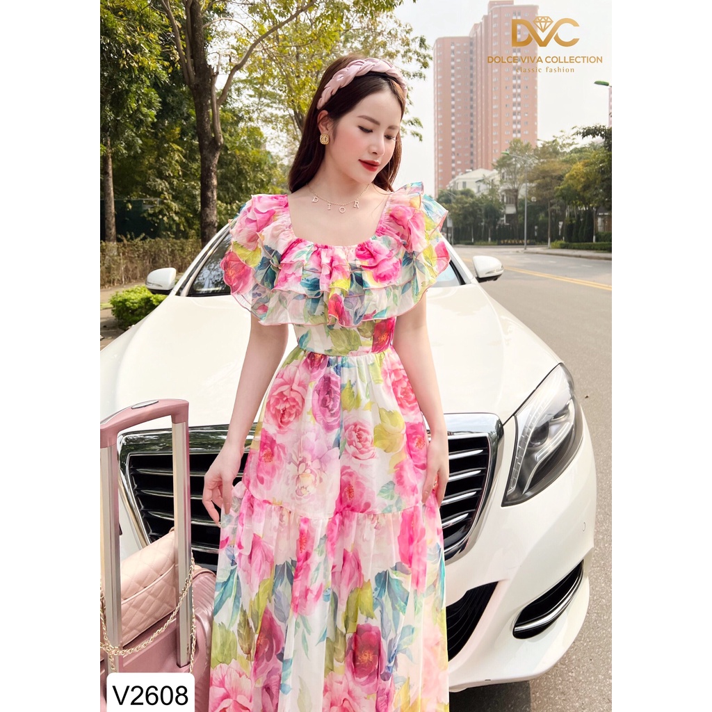 VÁY HOA MAXI HỒNG HOA TRỄ VAI V2608 - DVC