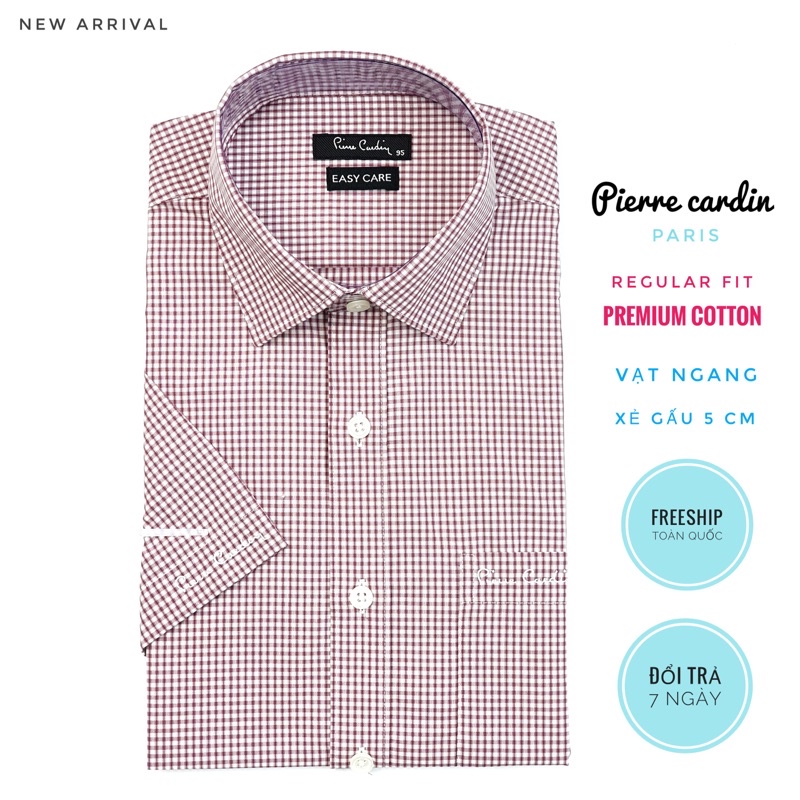 áo sơ mi nam ngắn tay kẻ sọc caro vạt ngang pierre cardin chính hãng chất cotton form regular fit