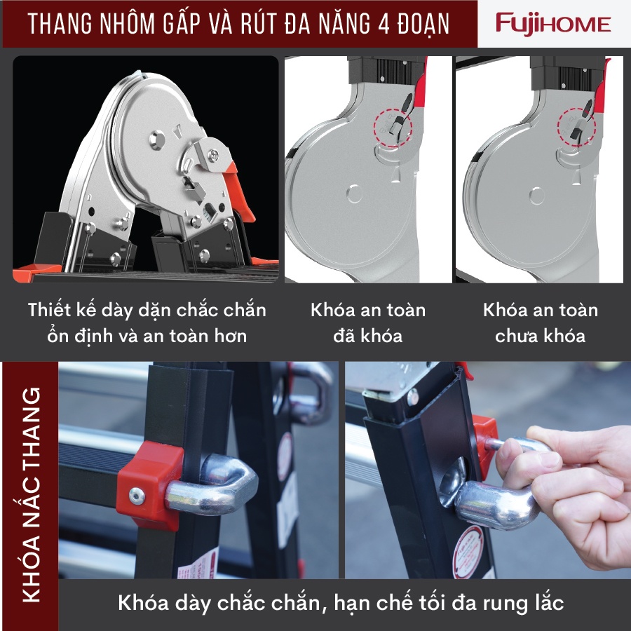 Thang nhôm 5m nhập khẩu FUJIHOME ML45B 4 đoạn xếp nhiều kiểu dáng - Hợp kim nhôm cao cấp - Phủ sơn tĩnh điện