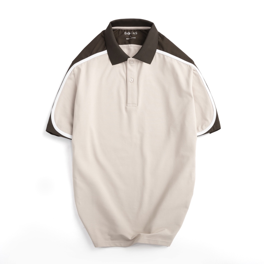 PO008-1 Áo Polo Nam Docas Vải Cotton CMC Màu Be Cổ Vai Phối Nâu Phom Regular Fit