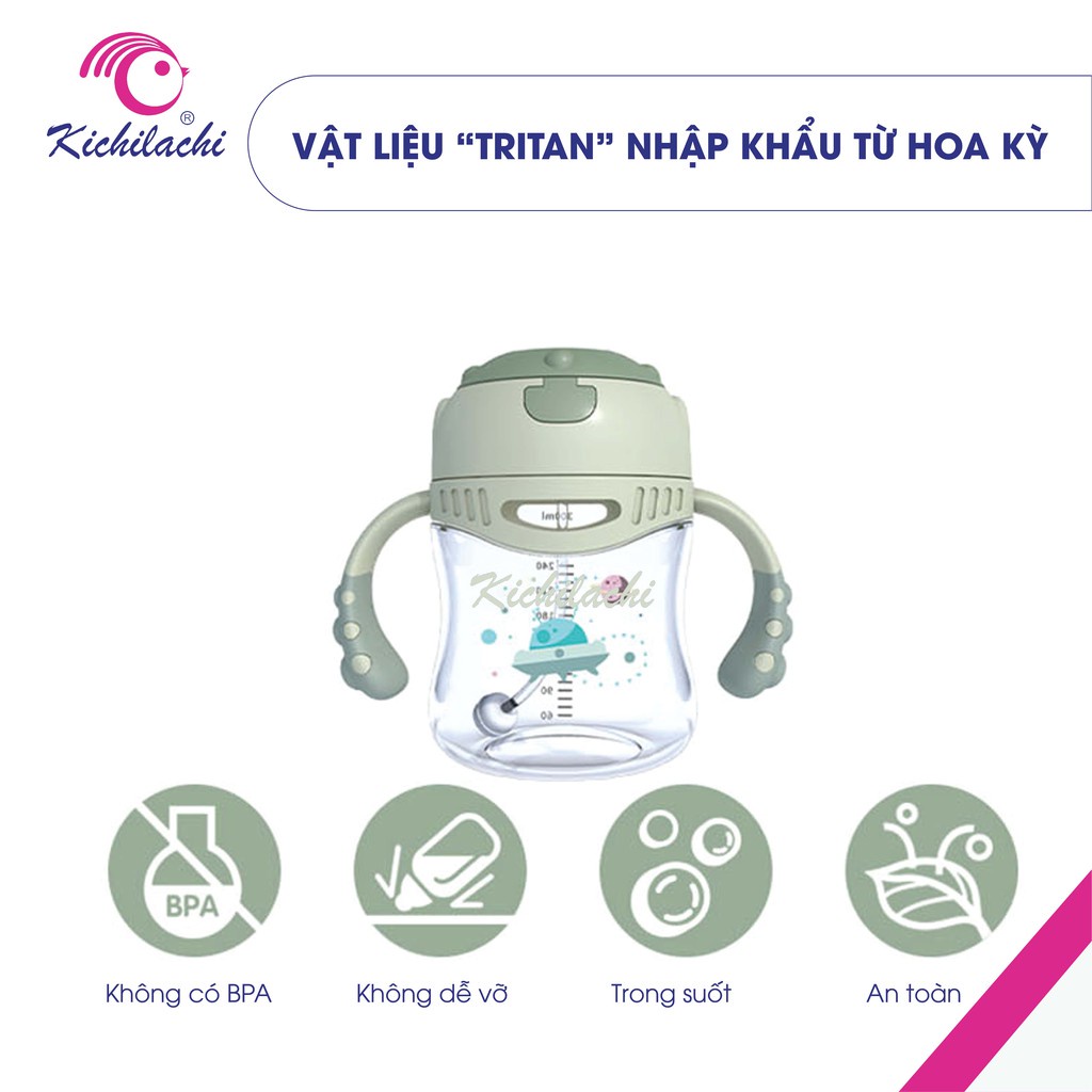Bình tập uống nước cho bé Kichilachi Tritan 300ml chống sặc dùng cho bé từ 6 tháng tuổi [Tặng cọ ống hút]