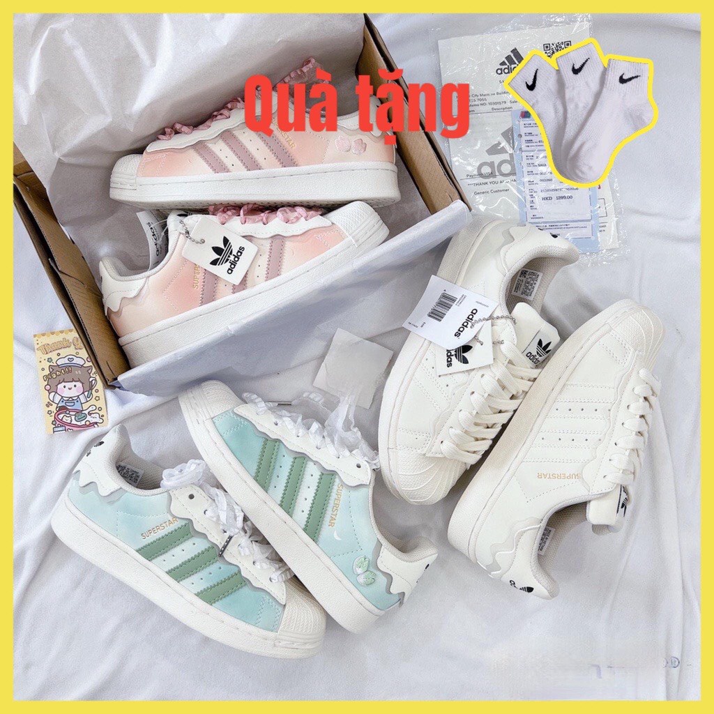 Giày sneaker Adidas Superstar Das Sò 3 Màu Kem Hồng Xanh, Giày thể thao ADS Sò Trắng bản SC đi học đi chơi