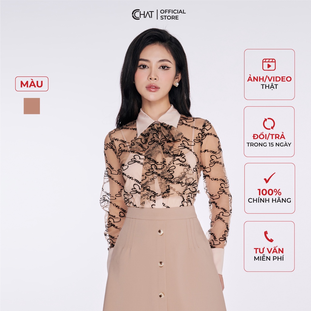 Áo Sơ Mi Nữ 𝐂𝐂𝐇𝐀𝐓 Họa Tiết Phối Nẹp Cổ Chất Liệu Lưới Cao Cấp 13SDM8001ST