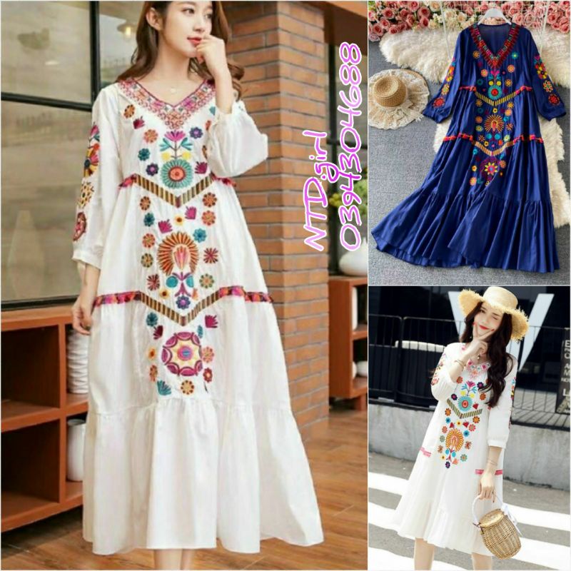 Hàng nhập - Đầm dáng suông chữ A họa tiết thổ cẩm, váy xuông đuôi cá hoa văn Bohemian