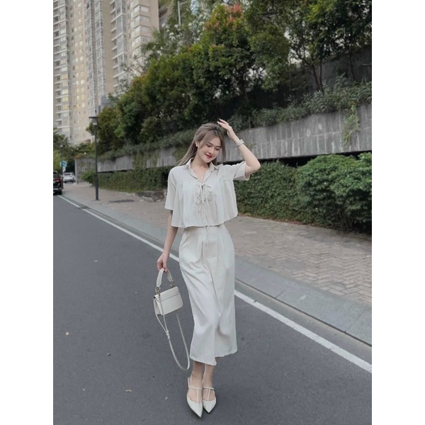 SET ÁO CROP XẾP LY CỘT NƠ CHÂN VÁY MIDI ✨