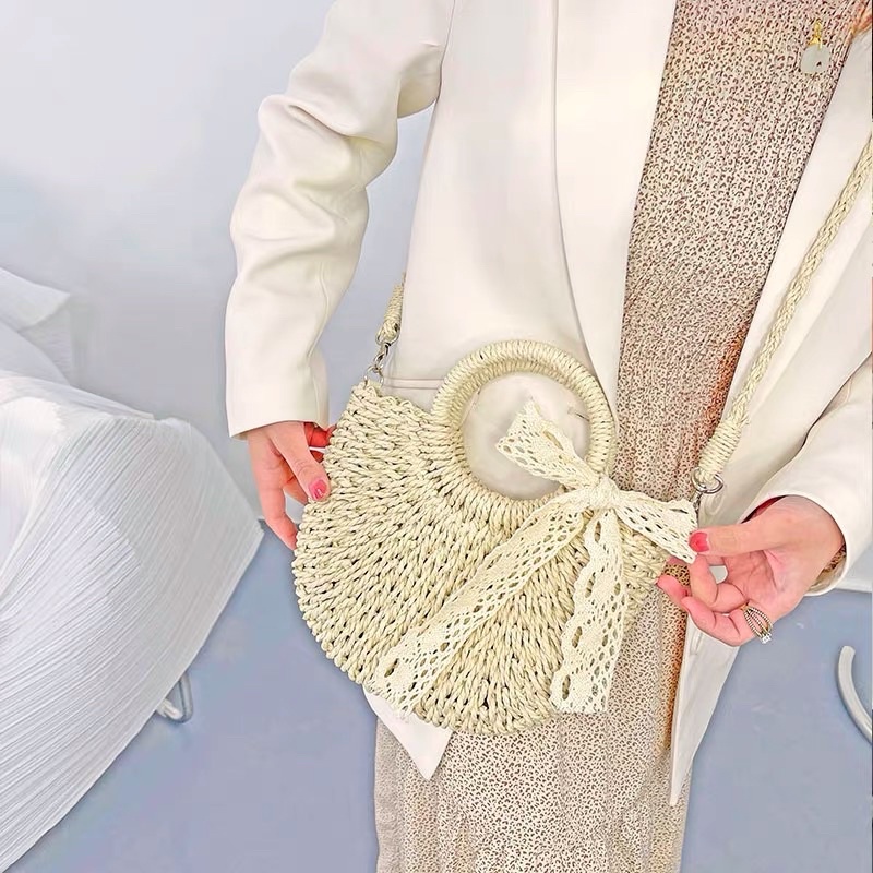 Túi cói bán nguyệt nơ ren đi biển vintage cho nữ