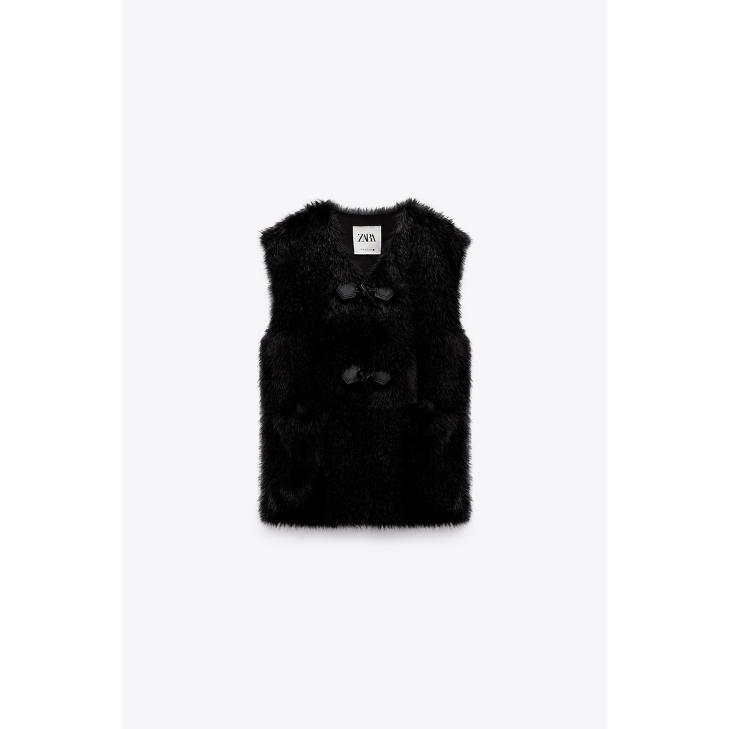 ZARA Đức - Áo khoác vest lông không tay khóa giả da hai túi trước màu đen sale auth new tag cao cấp có sẵn 4360/246