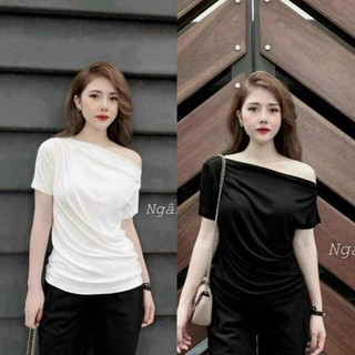 Áo thun cộc tay lệch vai dúm eo hàn quốc