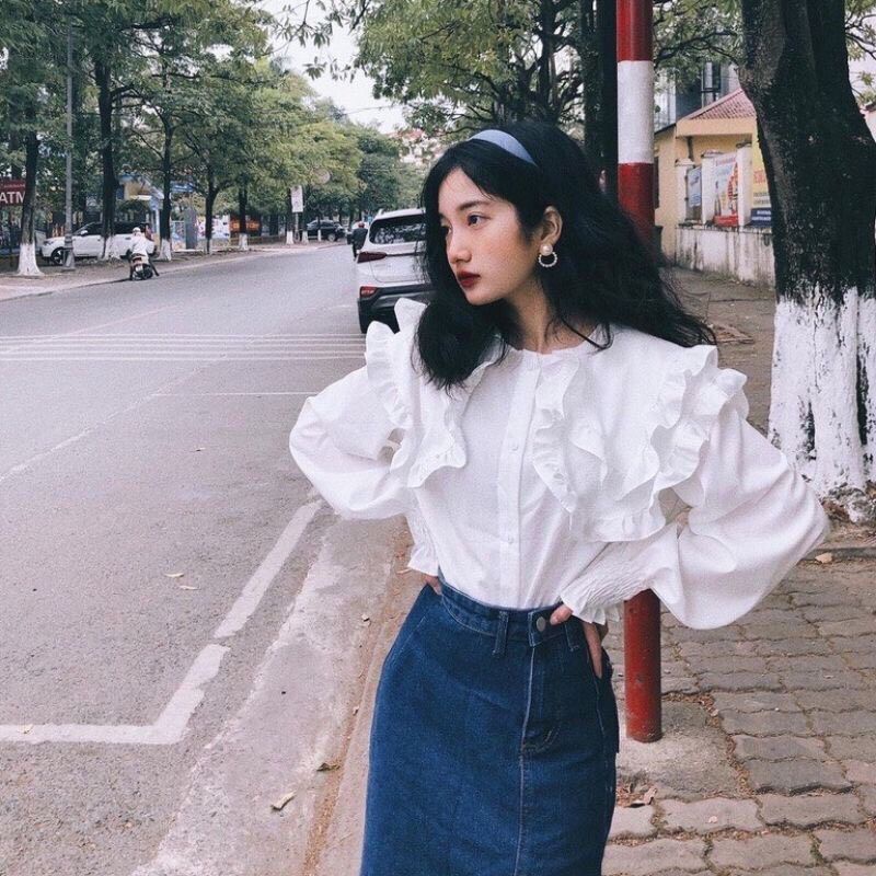 Áo sơ mi cổ bèo 2 tầng tay bo chun ,sơ mi bánh bèo dài tay bo chun phong cách ulzzang hàn quốc ANIESHOP688