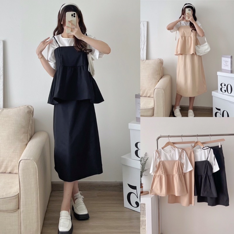 Set 3 chi tiết áo phối yếm hai dây dập ly buộc nơ vai kèm chân váy hai màu siêu xinh