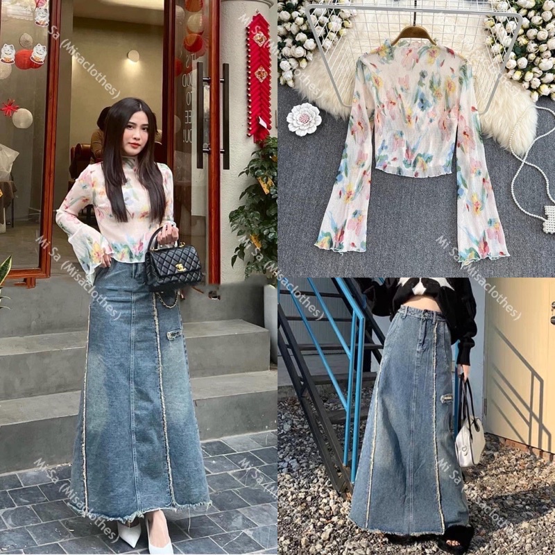 Áo Nhún Xếp Li Hoa Nhí Tay Loe Xẻ Phong Cách Siêu Xinh