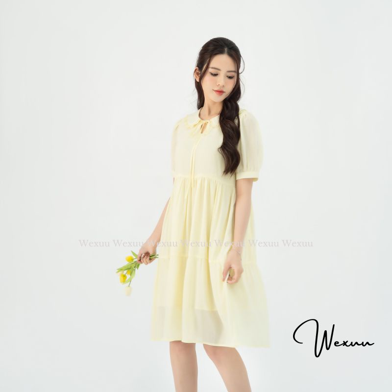 Đầm nữ babydoll cổ bèo buộc nơ chất tơ lót lụa cao cấp Wexuu, thiết kế dáng xòe nhẹ nhàng tiểu thư thanh lịch- V18