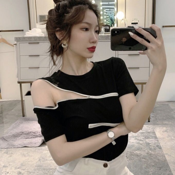 Áo Kiểu Trễ Vai Tay Ngắn Phối Khoá Kéo Thời Trang Mùa Hè Cho Phái Nữ