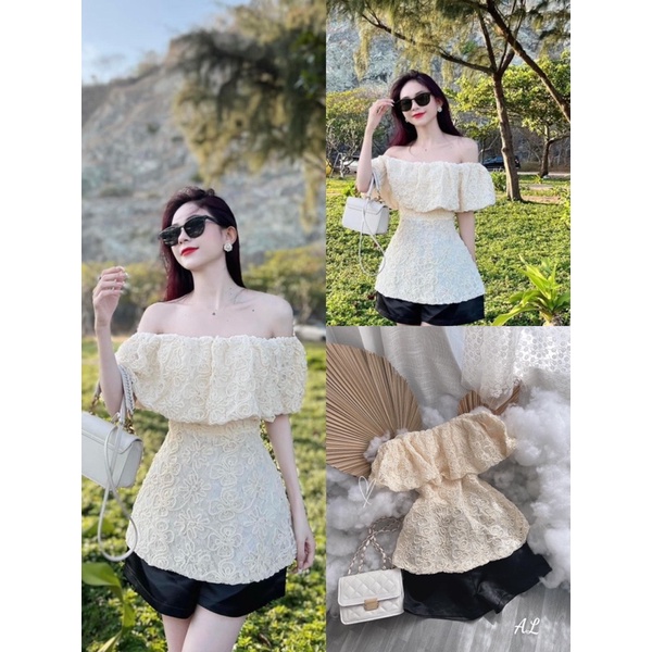 Set áo ren trễ vai tay bồng + quần tafta siêu tôn dáng chuẩn form mẫu mặc (kèm ảnh thật)