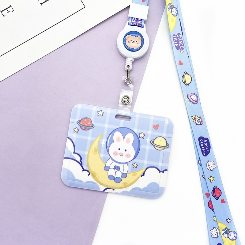 Bao đựng thẻ ngang họa hình thỏ kèm dây đeo cổ nút rút co dãn cute