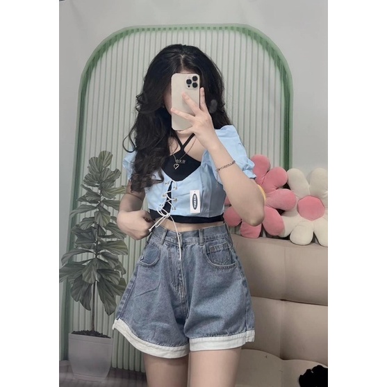 Set áo croptop vai phồng đan dây kèm áo yếm siêu ngầu Ulzzang