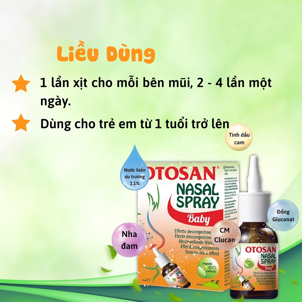 Xit mũi Otosan Nasal Spray Baby – hỗ trợ giảm viêm mũi, viêm xoang, thông thoáng đường hô hấp cho trẻ (Lọ 30ml)