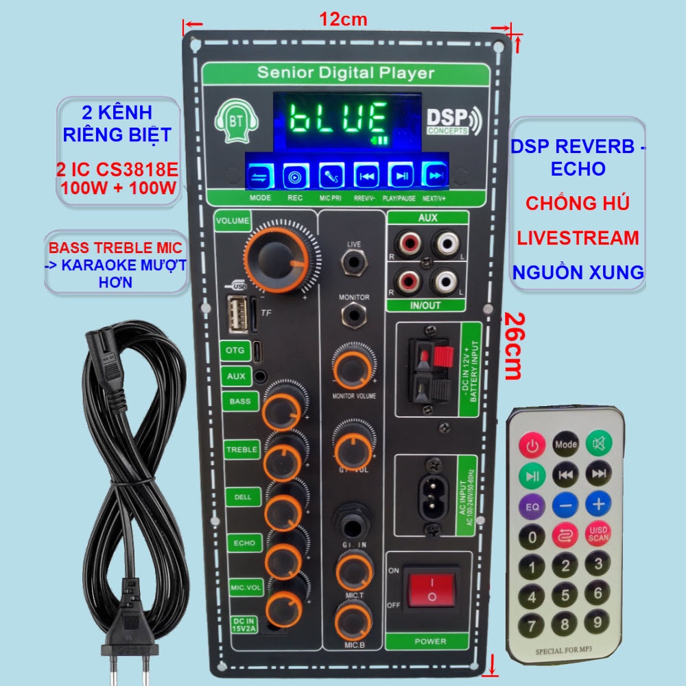 Mạch loa kéo 2 kênh OTG Livestream Chống hú DSP Reverb – Echo 2 IC CS3818E 100W + 100W – Loa kéo 3 tấc đôi