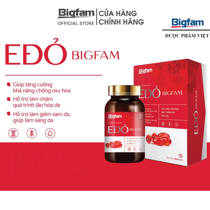Viên uống E Đỏ Bigfam bổ sung Vitamin E hỗ trợ làm đẹp da, chống oxy hóa cho cơ thể (Lọ 30 viên)