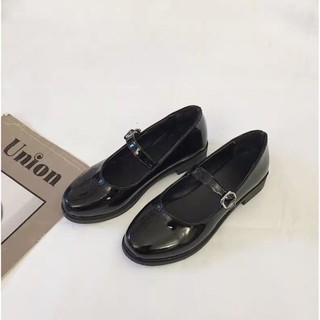Giày búp bê nữ basic Mary Jane vintage đen da bóng