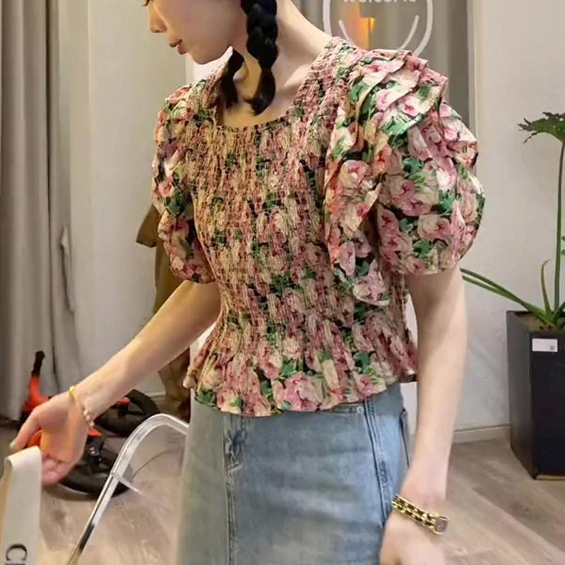 Áo Sơ Mi Ngắn Tay Cổ Vuông Dáng Ôm In Họa Tiết Phong Cách Hàn Quốc Thời Trang Cho Nữ