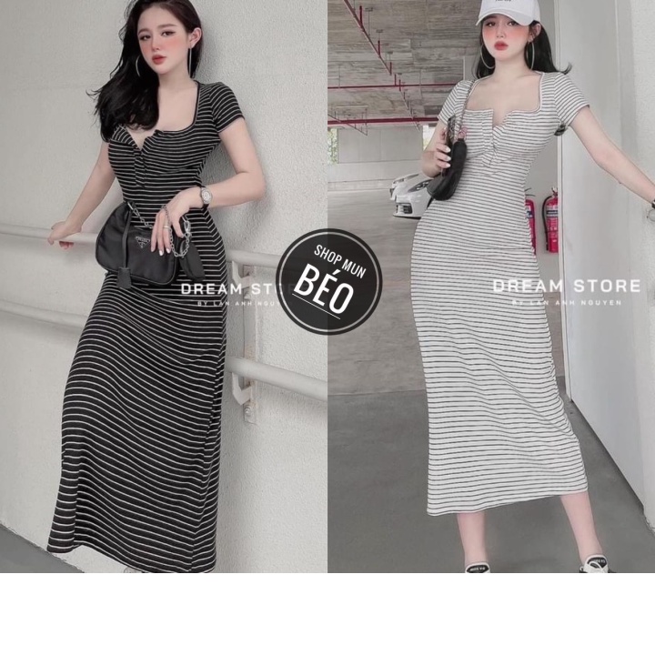 Đầm Body Cổ Vuông Nút Cài Ngực Phom Dài Chất Thun Gân Sọc Co Giãn Thích Hợp Mặc Đi Tiệc Đi Làm Đi Chơi (2HAND