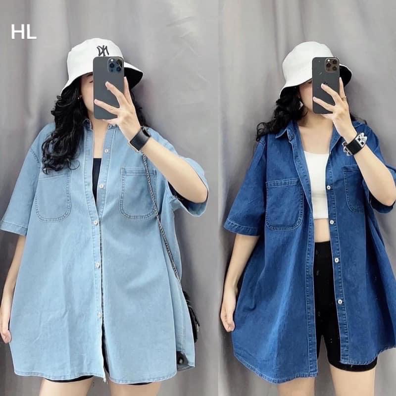 Sơ mi bò denim nam nữ HL100 cộc tay cánh dơi oversize 2 túi form rộng ulzzang-tsstore95