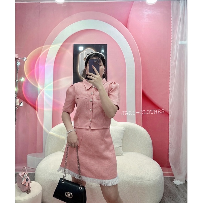 Sét dạ ngắn chân váy chữ A  màu hồng ngọt ngào dễ thương đi chơi