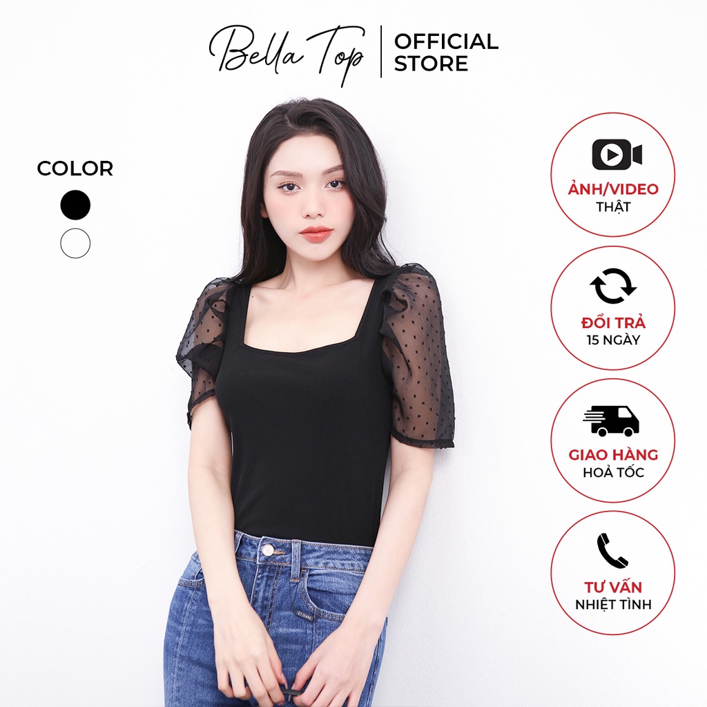 Áo kiểu nữ tay bồng, Áo thun nữ cổ vuông tay lỡ chấm bi chất liệu tăm Hàn co giãn - Bella Top MS03