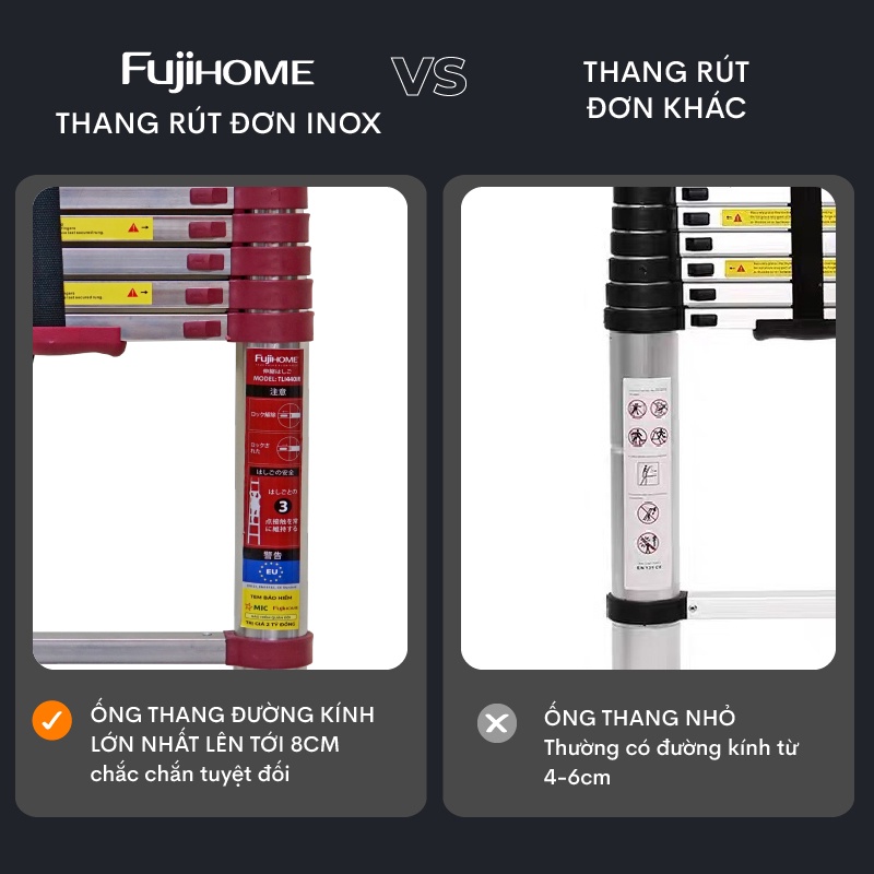 Thang nhôm Inox rút đơn 3,8m - 4,4m - 5m gấp gọn Nhập Khẩu Nhật Bản FUJIHOME, telescopic ladder