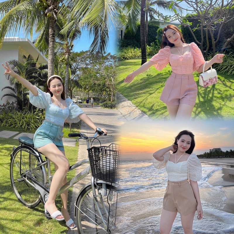 MINSH - Set bộ 2097 áo von bi crop tay phồng cột cổ + short , thời trang nữ, thiết kế cao cấp độc quyền, ứng dụng cao