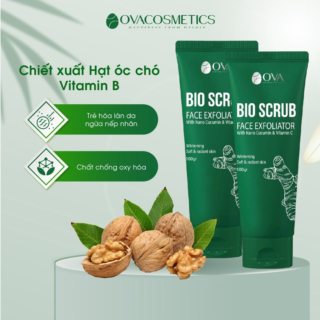 Gel tẩy da chết OVA Bio Scrub, giảm mụn, làm đẹp da, chiết xuất nghệ hộp 100gr