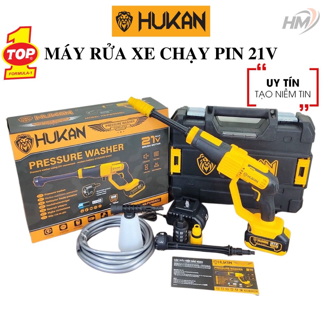 Máy rửa xe Hukan 21V chân pin phổ thông, máy rửa xe gia đình áp lực cao máy rửa xe công suất mạnh.