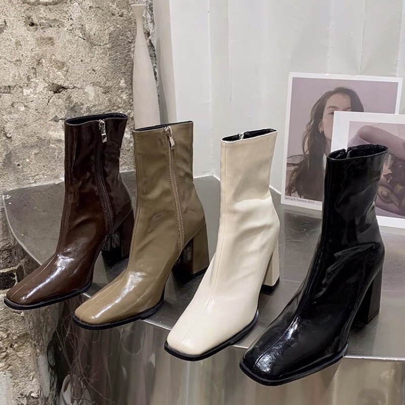 Boots nữ cổ ngắn da bóng ôm chân gót vuông cao 8cm có khoá kéo