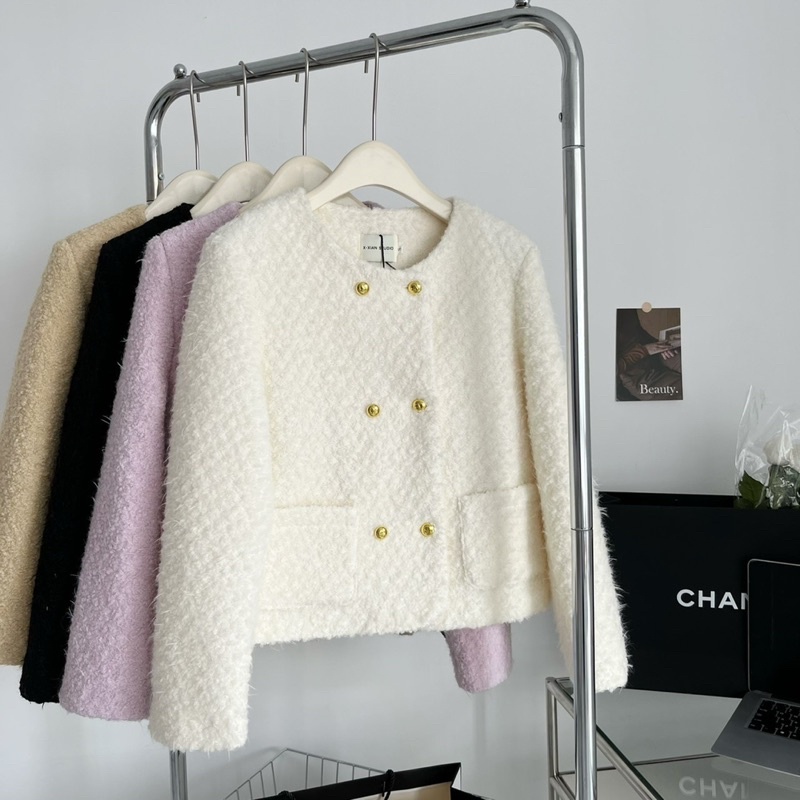 Áo khoác dạ tweed nữ khoác ngoài cổ tròn khuy mạ vàng dài tay sang trọng