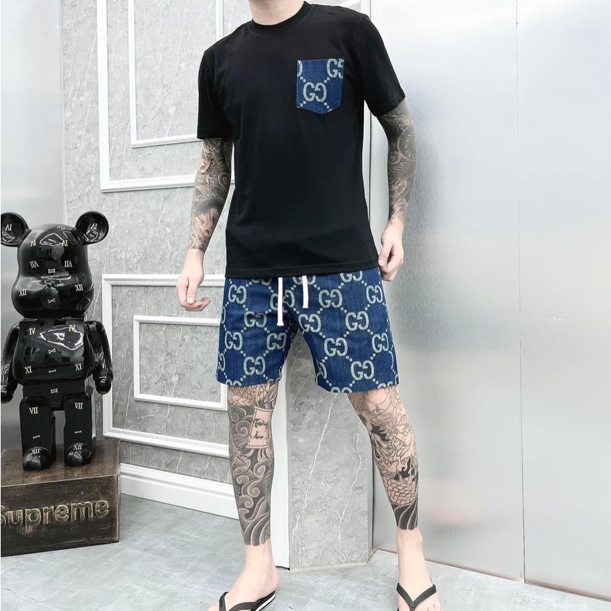 Bộ Thể Thao Cổ Tròn Túi Ngực GUCCCI Nam Hè Sinh Viên, Cotton Mềm Mịn Thấm Hút Mồ Hôi Tốt