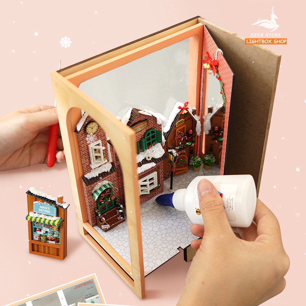 Mô hình Noel BOOK NOOK. Tăng KEO DÁN. Có đèn led. Nhà búp bê gỗ DIY Trang Trí Kệ sách. Quà tặng Noel ý Nghĩa TC38