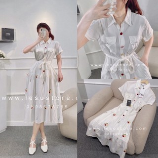 ẢNH TỰ CHỤP Đầm Sơ Mi 2 túi ngực thêu hoa Tay Ngắn