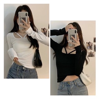 Áo kiểu thun croptop nữ cổ U phối dây đính tay dài tiểu thư