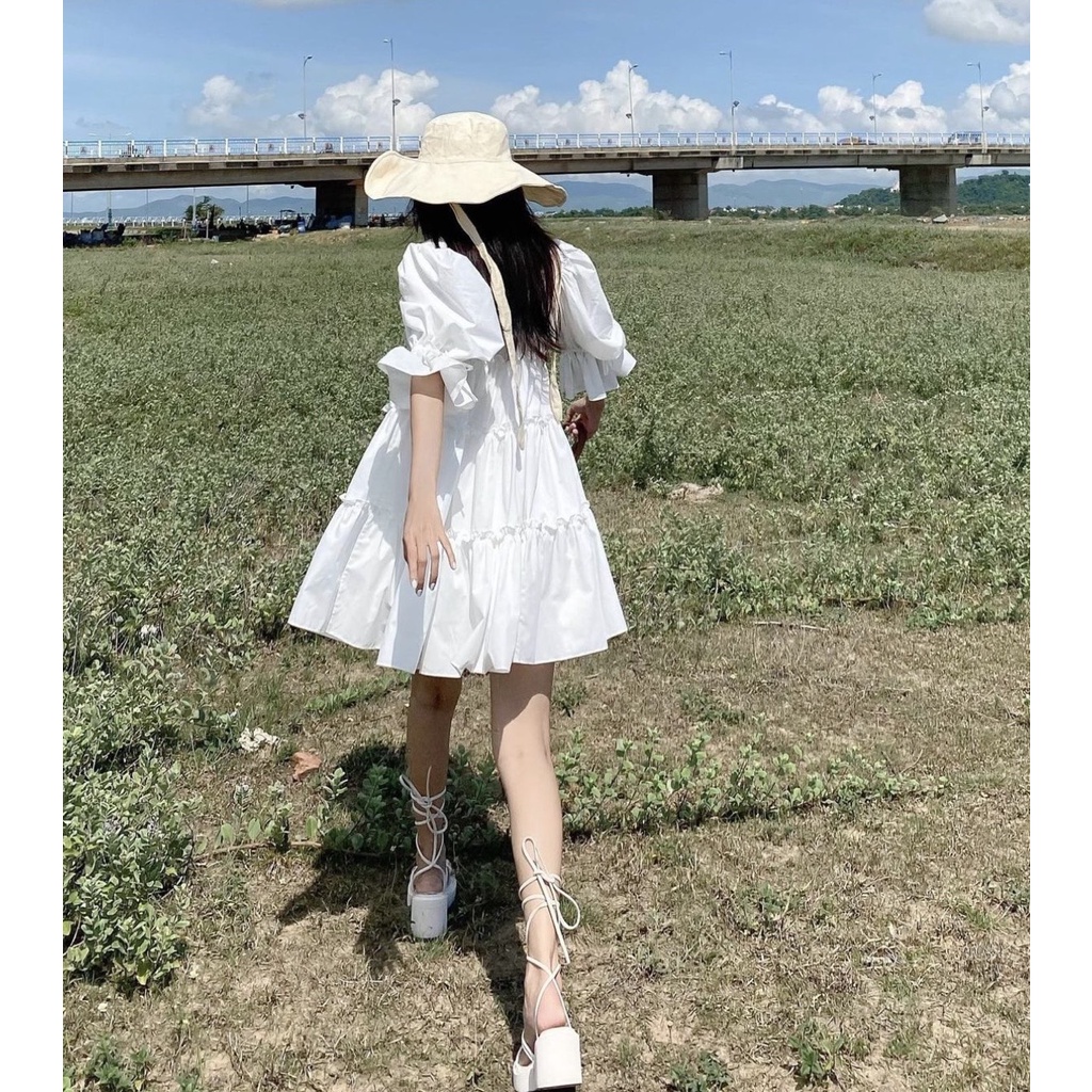 ĐẦM BBD CỔ V XÒE TRẮNG TAY BO BÈO (TH)