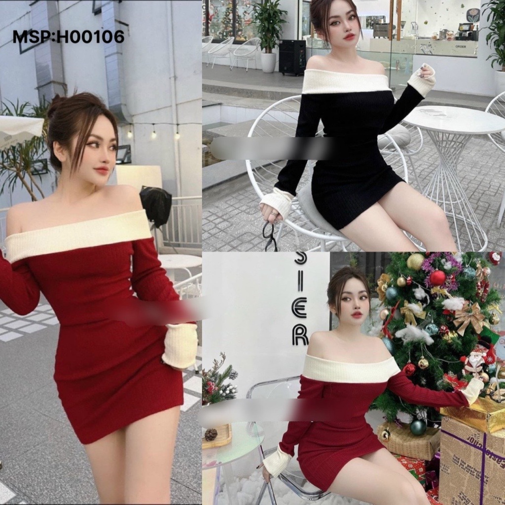 Đầm body Form ngắn tay dài trễ vai phối viền chất thun xương cá trẻ trung