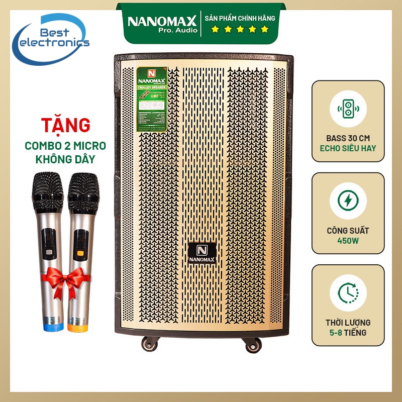 Loa Kéo Karaoke Công Suất Lớn 450W| Loa Kẹo Kéo Nanomax KS-12F3 | Loa Bluetooth Tặng 2 Mic Thẻ Nhớ Có Bánh Xe