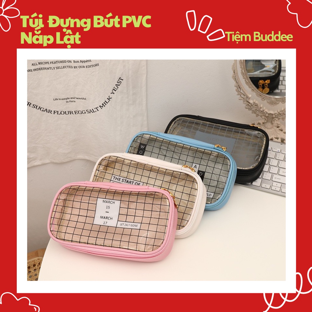Túi Đựng Bút Nắp Lật Vải PVC Chống Nước Hoạ Tiết Đơn Giản, Phong Cách Nhật Bản Dễ Thương