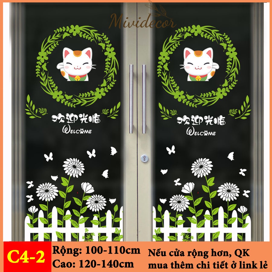 Decal dán kính Mividecor dán cửa kính nhìn được 2 mặt trang trí quán cà phê, nhà hàng C4.2 mèo nguyệt quế chân hoa to