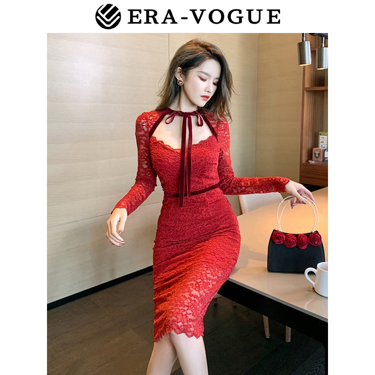 EraVogue🌷 Đầm màu đỏ vải ren Dáng Dài Thắt Nơ Quyến Rũ Thời Trang Cho Nữ váy dạ hội 10006