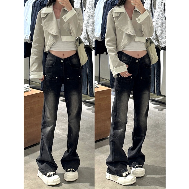 QKOOLE  Quần jeans Nữ Lưng Cao Phong Cách retro Thời Trang