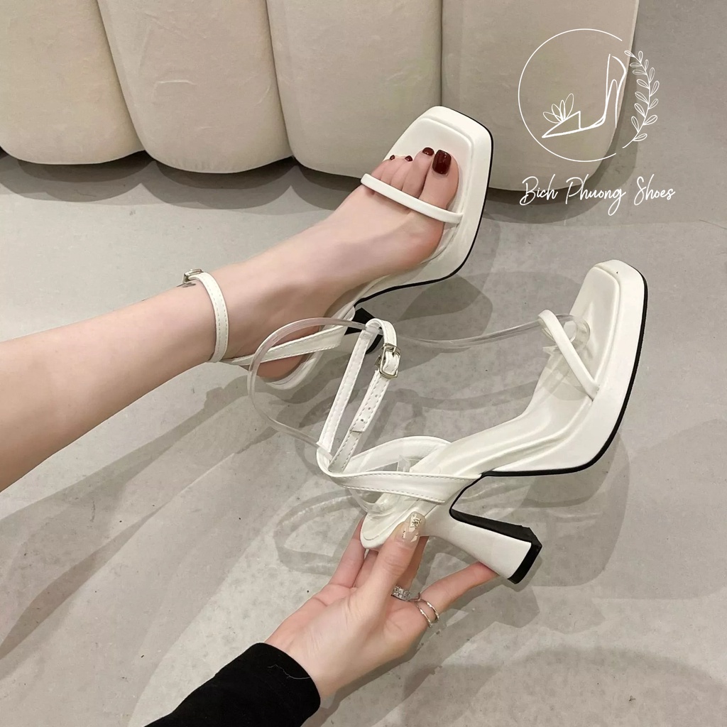 Sandal nữ cao gót 9cm quai ngang mảnh mẫu mới hè 2023 BichPhuongshoes (FORM LỚN LÙI 1 SIZE)