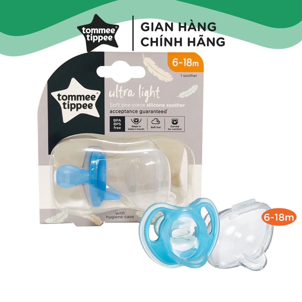 Ty ngậm silicon siêu nhẹ cho bé Tommee Tippee Ultra Light 6-18 tháng (vỉ đơn) - Xanh dương