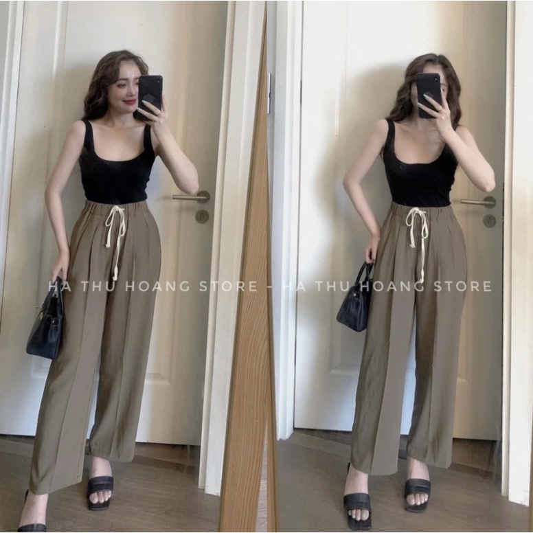 Quần ống rộng loe dáng suông dây rút dáng thon cao phong thái hàn quốc nội y xanh - chất mát